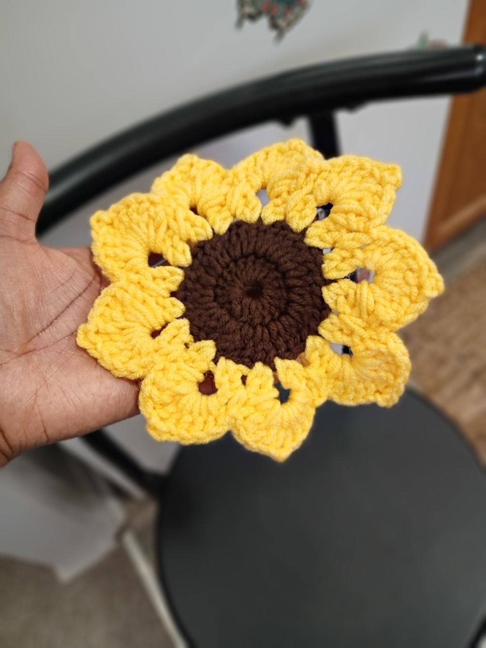 1pc Handmade Sunflower Crochet Coaster - Yellow & Brown